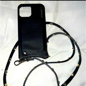 Bandolier iPhone 12 case with Gold Studded Strap and place for two cards on back